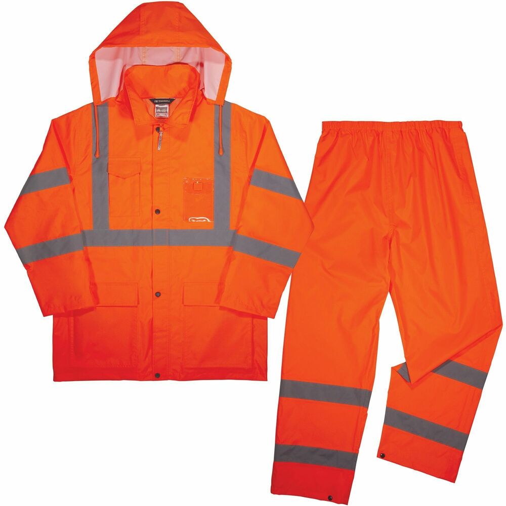 EGO25334 - GloWear 8376K Lightweight Hi-Vis Rain Suit Kit includes the 8366 Rain Jacket and 8916 Rain Pants for protection in wet conditions while maintaining high visibility at night or in low-light conditions. Machine-washable set is compliant with ANSI/ISEA 107-2015 Type R, Class 3 with 2" reflective tape for enhanced low-light visibility. Storm flap and snap buttons prevent water from leaking through zipper closure. Fully waterproof jacket and pants are made of rugged, 150D polyester oxford with a polyurethane coating and fully taped seams to keep workers dry. Rain suit easily fits over workwear without sacrificing mobility. Elastic waistband and snap cuffs on the pants allow easy on/off over boots. Vented cape-back on the jacket allows heat and moisture to escape for added breathability. Stow away attached drawstring hood when not needed. Jacket with 25-1/4" long sleeves and 34-1/4" center back fits chests up to 53" in diameter. Pant waist is 31-1/2". Pant inseam is 30-7/8".