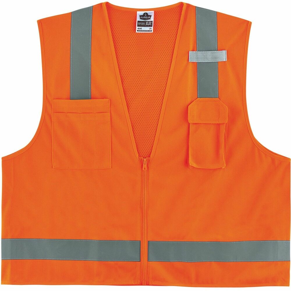 EGO24517 - Hi-Vis Surveyors Vest is a Type R, Class 2 economy vest with a polyester solid front (3.6 oz) and breathable, polyester mesh back (3.3 oz). It meets ANSI/ISEA 107-2015 visibility requirements. 2" reflective tape delivers enhanced, low-light visibility. With two interior and two exterior pockets, this vest provides ample storage for pens, notebooks, tablets and more. Store your phone in the vest's handy, designated phone pocket. Single mic tab allows convenient radio access. Zipper closure provides quick on/off movements. Single size offers a more tailored, performance-style fit. Reflective safety vest is ideal for anyone requiring Type R, Class 2 apparel, including road construction, baggage handling and municipalities.