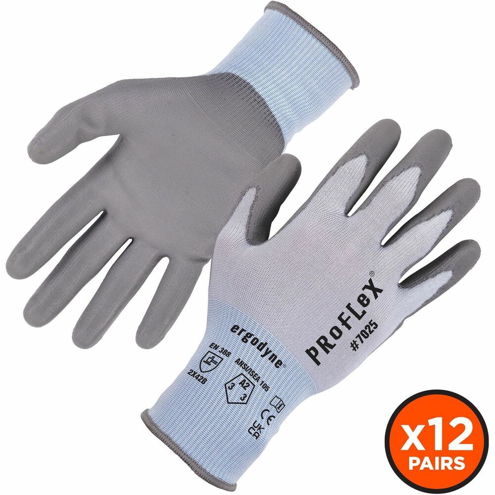 EGO10422 - ProFlex 7025 PU-Coated Cut-Resistant Gloves feature polyurethane-coated palms for excellent grip and dexterity. ANSI/ISEA 105-2016 level A2 cut protection provides safety around sharp materials. 18-gauge, HPPE, nylon-spandex knit protects hands while maintaining a soft, lightweight, flexible fit. Snug knit cuffs are longer to enhance fit and extend protection, keeping dirt and debris out. Safety gloves are tested to ANSI/ISEA level 2 abrasion-resistance for safety around rough materials. Touch screen-capable fingertips make it easy to type on smartphones and tablets without removing gloves. Utility gloves are ideal for construction, assembly, manufacturing, automotive and more.