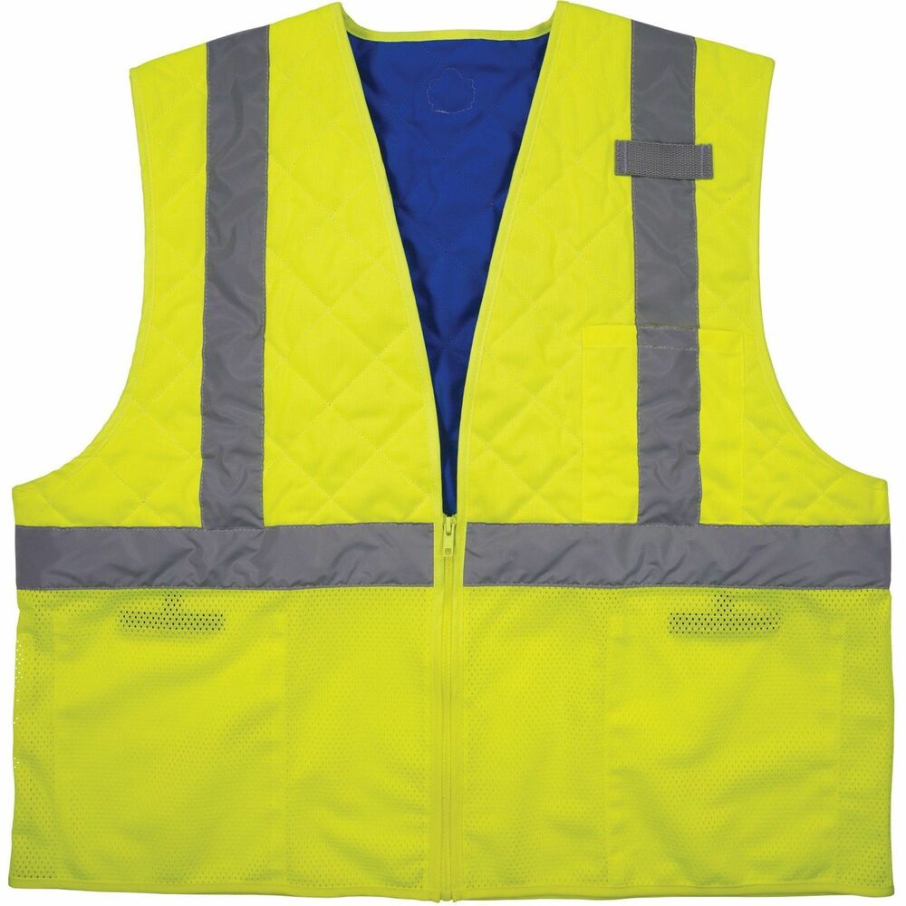 EGO12716 - Chill-Its 6668 Hi-Vis Safety Cooling Vest provides hours of core-cooling relief. Polymer-embedded cooling technology quickly activates for up to 4 hours of relief from the heat. Three layers include an ANSI/ISEA 107 Type R, Class 2 high-visibility shell, polymer-embedded mid-layer and a water-repellent liner to help keep wearers dry. Soak in water for 2 to 5 minutes to activate. Breathable mesh along the bottom of the light vest reduces weight, enhances airflow and prevents excess water from dripping onto clothing. Loops along the interior of the neckline allow you to insert cooling towels for additional cooling relief along the neck. Vest also features two lower interior pockets, an exterior pocket for storage and zippered closure for easy on/off. 2X size fits chests up to 65" in diameter and offers a 28-1/2" long center back.