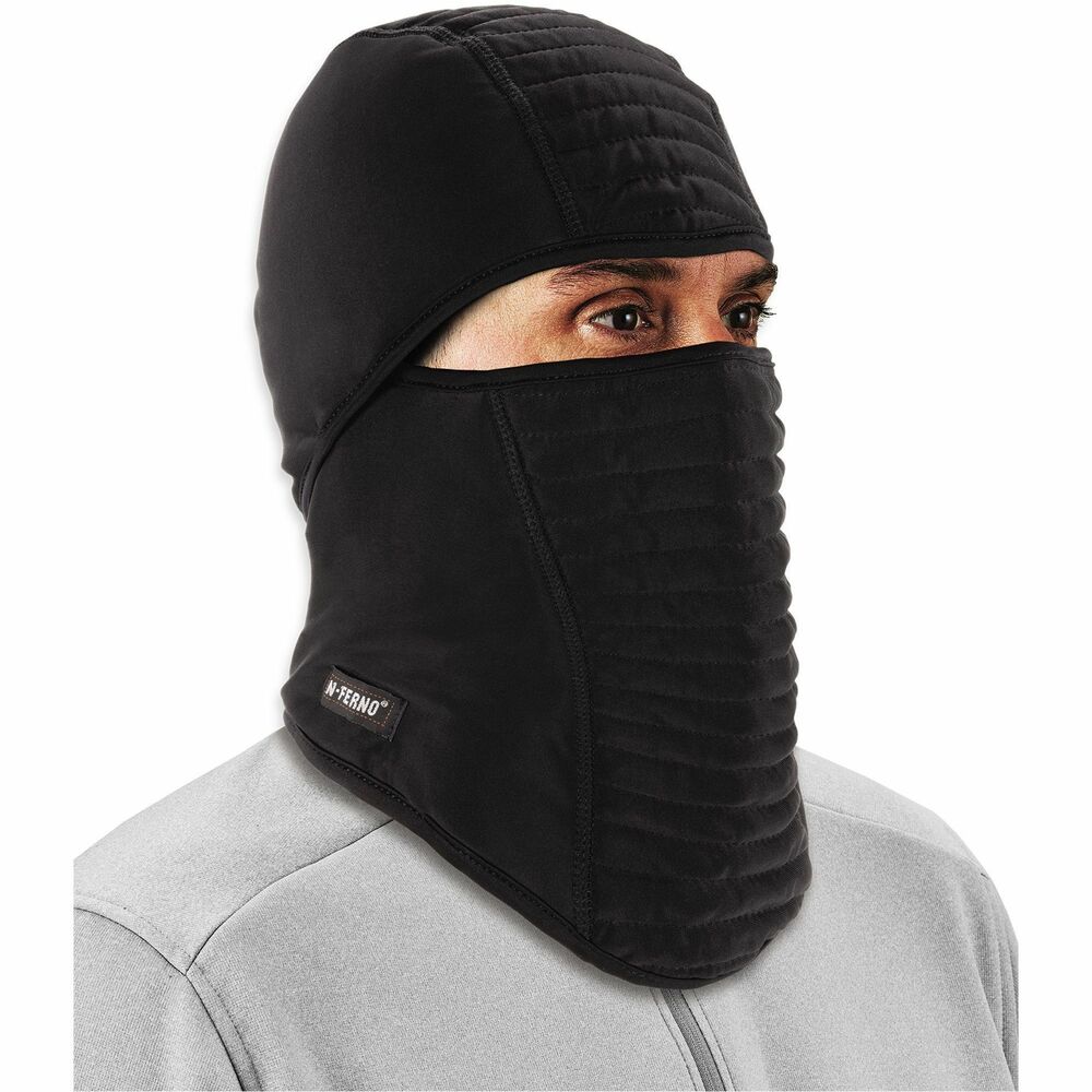 EGO16955 - N-Ferno 6955 Insulated Balaclava Face Mask features three layers for maximum protection in extreme cold. Lining is made of Polartec Power Grid fleece - a moisture-wicking, grid-construction fabric that delivers enhanced warming while remaining breathable and lightweight. Stretchable, polyester-spandex exterior allows a comfortable fit on a variety of head sizes. Front, ribbed panel features an insulated mid-layer for additional warmth where it's needed most. Ribbed design of the three-layer front panel provides a loft that creates a gap between the material and mouth, allowing easier breathability than some single-layer options. Reflective accents enhance visibility at night or in low-light conditions. Wear this balaclava as a full face mask, neck gaiter or face shield. Unique, hinged design allows you to adjust the amount of coverage you need depending on the weather. Angled bottom minimizes bulk while layering. Balaclava fits under hard hats, ski helmets and other head protection.