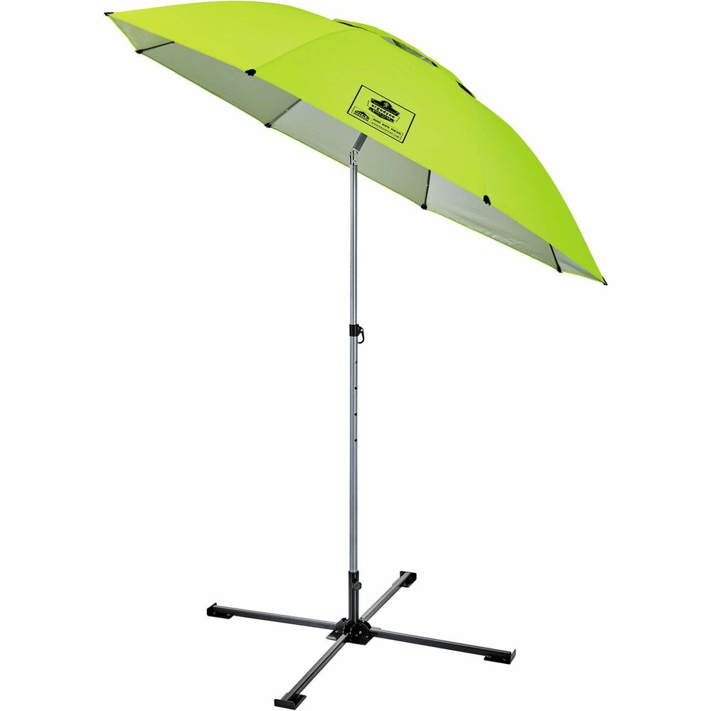 EGO12969 - The SHAX 6199 Lightweight Work Umbrella and Stand Kit provides quick and portable relief from the elements to increase worker productivity and reduce weather-related delays. Protective station is engineered with a powder-coated steel frame, a reinforced weatherproof canopy and 300D polyester to withstand harsh elements. It adjusts to four heights up to 92". Unique tilt-top feature allows users to shade themselves from harmful UV rays at any hour of the day. Vented top enhances airflow and visibility, making this a great construction umbrella for scorching hot jobsites. Polyester shell features protective polyurethane and UV coatings for shelter from sun and rain. Kit includes one 6100 Industrial Lightweight Umbrella and one 6190 Umbrella Stand for securely anchoring the umbrella without using stakes. Hinged stand easily folds up and down for quick setup and convenient storage.