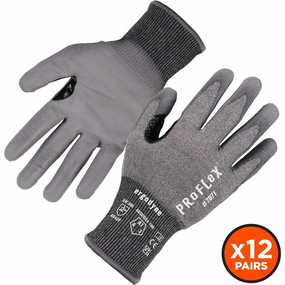 EGO18064 - ProFlex 7071 PU-Coated Cut-Resistant Gloves are tested as ANSI/ISEA 105-2016 level A7 cut-resistant. Lightweight, flexible, 18-gauge, HPPE tungsten knit delivers no-bulk, formfitting comfort. Polyurethane-coated palms provide excellent grip and enhanced dexterity. Reinforced thumb saddle boosts durability in high-wear areas. Snug knit cuffs are longer to enhance fit and extend protection, keeping dirt and debris out. HPPE tungsten knit is tested to ANSI/ISEA 105-2016 level 4 abrasion-resistance for safety around rough materials. Touch screen-capable fingertips let you type on smartphones and tablets without removing your gloves. Utility gloves are ideal for those regularly handling sharp materials in industries such as manufacturing, food-prep, meat-processing, automotive, construction and more.