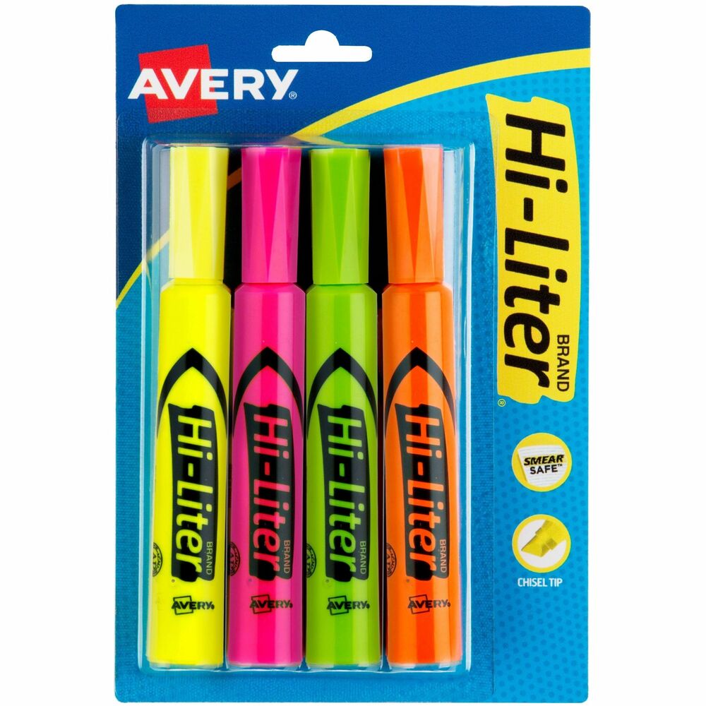 Avery Desk-Style, Assorted Colors, 4 Count (24063) - Chisel Marker Point - Fluorescent Yellow, Fluorescent Pink, Fluorescent Orange, Fluorescent Green Ink - Water Based - Fluorescent Green, Fluorescent Orange, Fluorescent Pink, Fluorescent Yellow Barrel -