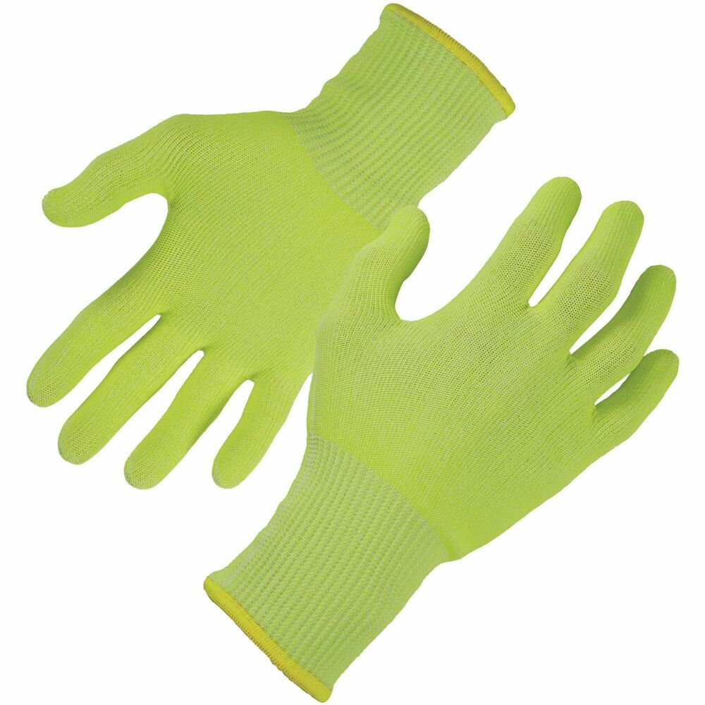 EGO18012 - ProFlex 7040 Cut-Resistant Food-Grade Gloves are tested as ANSI/ISEA 105/2016 level A4 and EN 388 level 5 cut-resistant. Breathable, TenaLux yarn for maximum comfort does not compromise protection. TenaLux yarn is constructed of HPPE fibers to achieve a high level of cut-resistance without glass or steel. Cut-proof gloves are tested and approved to FDA CFR 175.300 for total extractive residues, certifying they will not contaminate food at any process point, including prepping, packaging and transporting. Lightweight knit with 360-degree breathability and a cool-to-the-touch feel prevents sweaty hands and overheating. Seamless knit cuff fits snug and comfortable, keeping dirt and debris out. High-visibility color enhances visibility for safety when working with knives and sharp objects. Food-prep gloves are effective for those working in industrial kitchen settings or anyone working in material handling where contamination is a risk.