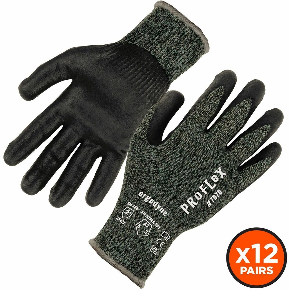 EGO18034 - ProFlex 7070 Nitrile-Coated Cut-Resistant Gloves are made with heavy-duty aramid fiber for heat handling and are ANSI/ISEA 105-2016 level A7 cut-resistant. Durable, sandy, nitrile-coated palms provide high-strength grip and enhanced dexterity. Formfitting, 13-gauge, aramid fiber knit protects hands from heat and cuts without compromising flexibility or comfort. Snug knit cuffs are longer to enhance fit and extend protection, keeping dirt and debris out. Work gloves are tested to EN407 level 1 contact heat-resistance for safety when handling high-temperature materials. Knit is tested to ANSI/ISEA 105-2016 level 5 abrasion-resistance for safety around rough materials. Touch screen-capable fingertips let you type on smartphones and tablets without removing your gloves. Utility gloves are ideal for heavy-duty heat handling in industries such as metal working, press shop operations, assembly and more.