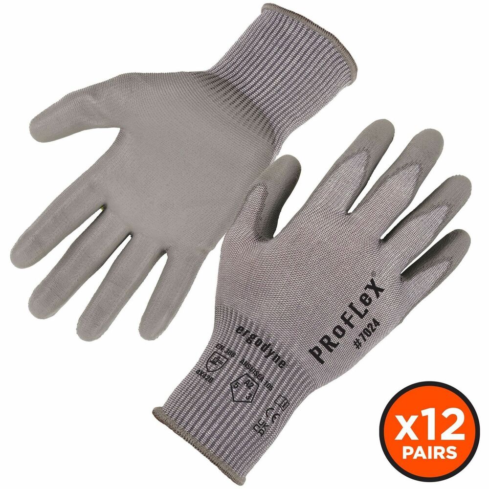 EGO10396 - ProFlex 7024 PU-Coated Cut-Resistant Gloves feature polyurethane-coated palms for excellent grip and dexterity. ANSI/ISEA 105-2016 level A2 cut protection provides safety around sharp materials. Durable work gloves are tested to ANSI/ISEA level 5 abrasion-resistance to withstand tough environments. Formfitting, 13-gauge, HPPE, nylon-spandex knit protects from cuts and knicks without compromising flexibility or comfort. Snug knit cuffs are longer to enhance fit and extend protection, keeping dirt and debris out. Touch screen-capable fingertips make it easy to type without removing gloves.