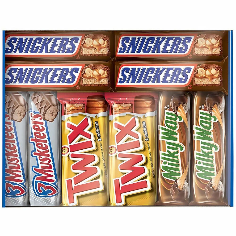MRS22000085 - Full-Size Candy Bars Variety Pack features single-size Snickers Chocolate Bars, Snickers Almond Chocolate Bars, Twix, Milky Way and 3 Musketeers. Assortment of chocolate bars makes sure you're the hero in the house on Halloween night or the favorite party guest. Individually wrapped packs also make a great addition to concession stands and fundraisers. Be sure to get these classic favorites for your vending machines.