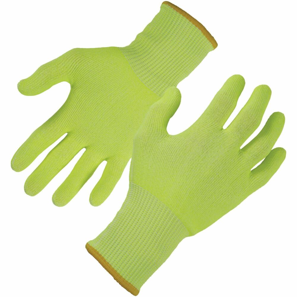 EGO18014 - ProFlex 7040 Cut-Resistant Food-Grade Gloves are tested as ANSI/ISEA 105/2016 level A4 and EN 388 level 5 cut-resistant. Breathable, TenaLux yarn for maximum comfort does not compromise protection. TenaLux yarn is constructed of HPPE fibers to achieve a high level of cut-resistance without glass or steel. Cut-proof gloves are tested and approved to FDA CFR 175.300 for total extractive residues, certifying they will not contaminate food at any process point, including prepping, packaging and transporting. Lightweight knit with 360-degree breathability and a cool-to-the-touch feel prevents sweaty hands and overheating. Seamless knit cuff fits snug and comfortable, keeping dirt and debris out. High-visibility color enhances visibility for safety when working with knives and sharp objects. Food-prep gloves are effective for those working in industrial kitchen settings or anyone working in material handling where contamination is a risk.