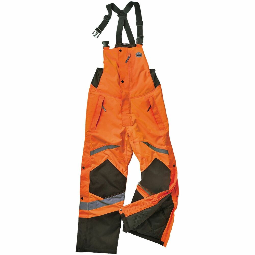 EGO25636 - 8928 Hi-Vis Insulated Bibs provide ANSI/ISEA 107-2020 compliant warmth and durability in the toughest conditions. Windproof, water-resistant, 300D polyester oxford with PU coating protects you from the elements without compromising breathability or comfort. Rugged, scuff-resistant knee patches and dirt-hiding black accents provide long-lasting durability. Heavy-duty zipper closure, quick-release suspender buckles, comfortable elastic stretch sides and zippered pant legs allow easy on/off without removing your boots. Adjustable suspenders provide a customized fit for every body type. One chest pocket and two side pockets feature zipper closures for added security. Reflective tape meets ANSI/ISEA Class E standard for visibility and keeps workers seen in low-light conditions. Bibs are great for those working in road construction, transportation, baggage handling, municipalities or around moving vehicles.