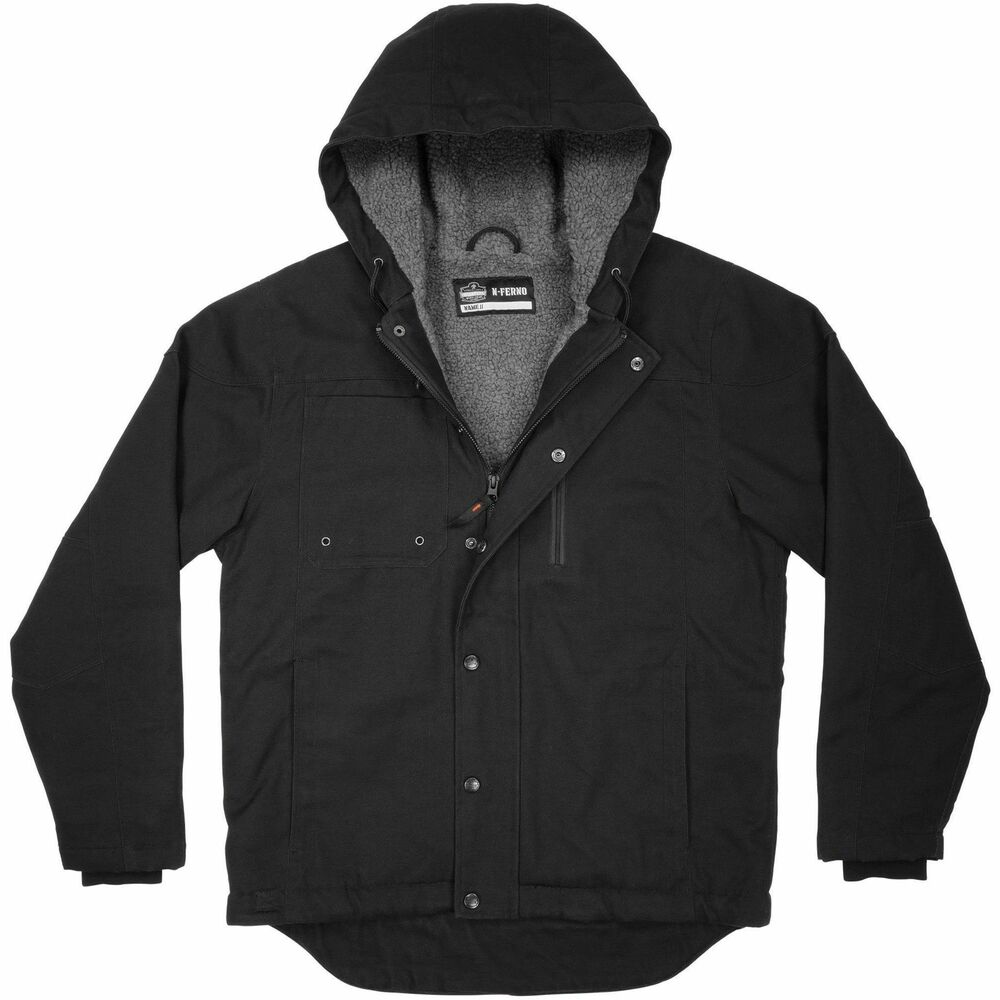 EGO41237 - N-Ferno 6468 Heavy-Duty Duck Canvas Work Jacket with a D-ring and six pockets offers a rugged, midweight design to provide warmth in cool conditions. DWR finish on cotton duck canvas resists wind and water for long-lasting durability and dry all-day wear. Comfortable, warm sherpa lines the body and hood. Flexible gusseted sleeves feature 40gm quilted insulation for warmth without compromised mobility. For a snug, custom fit that keeps cold air out, this canvas work jacket features rib knit cuffs, elastic bungee waist, drawstring hood and a long tail that won't ride up. Hood is large enough to be pulled up over hard hats. Zippered closure with snap buttons allows easy on/off. Exterior convenient storage includes a zippered cell phone pocket, open pocket with pen slot and two lower front pockets. One inside pocket has a hook-and-loop closure while the other is zippered. Machine-washable jacket with 28" long sleeves and 35" long center back fits chests up to 56" in diameter.