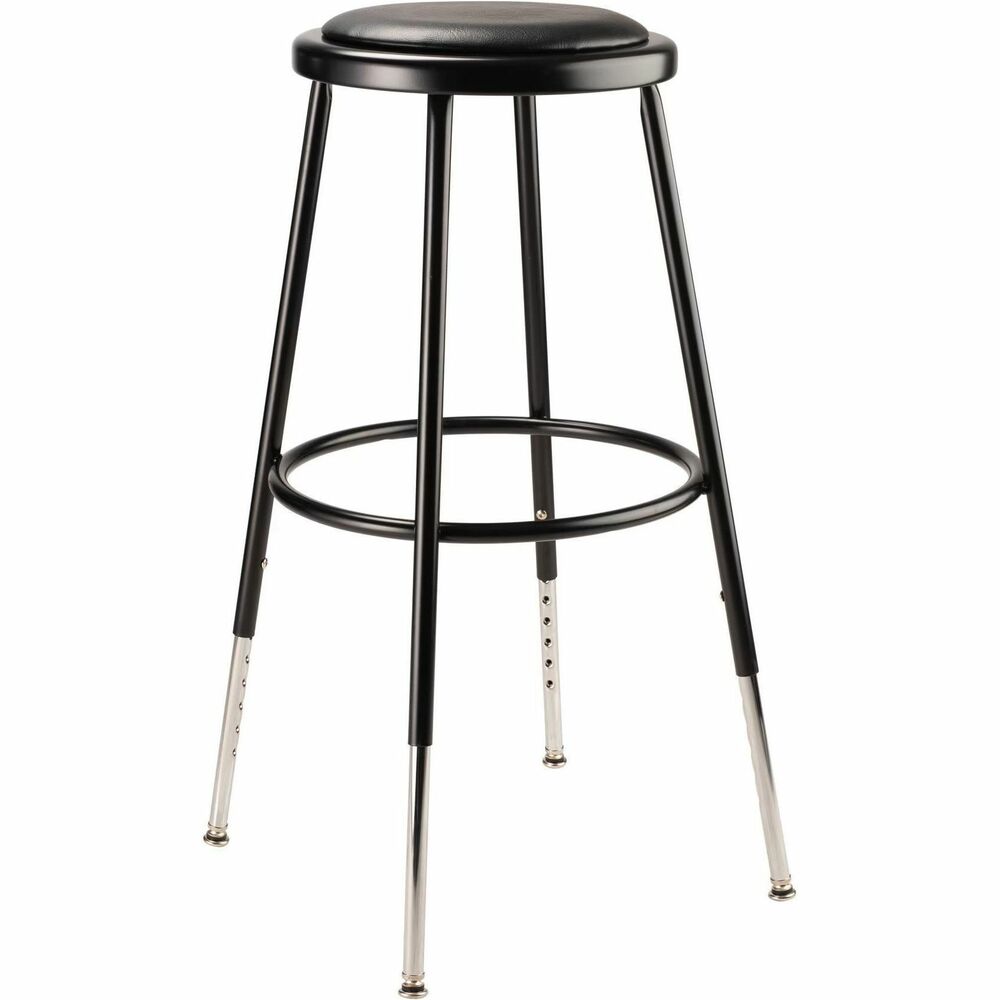 NPS6424H10 - The fortified construction and soft comfort of the 6400-10 Series Heavy-Duty Padded Stools are ideal for hands-on educational settings like art rooms, science labs, home economics or shop classrooms. Height-adjustable legs extend from 24.5"-32.5" in 1" increments. This reliable stool features a sturdy frame of 18-gauge steel tubing securely welded to a 14"-diameter seat pan. Riveted through the steel pan is 0.5"-thick black vinyl cushioning that provided years of dependable use. The footrest ring is securely bonded to each leg with four spotwell contact points. 