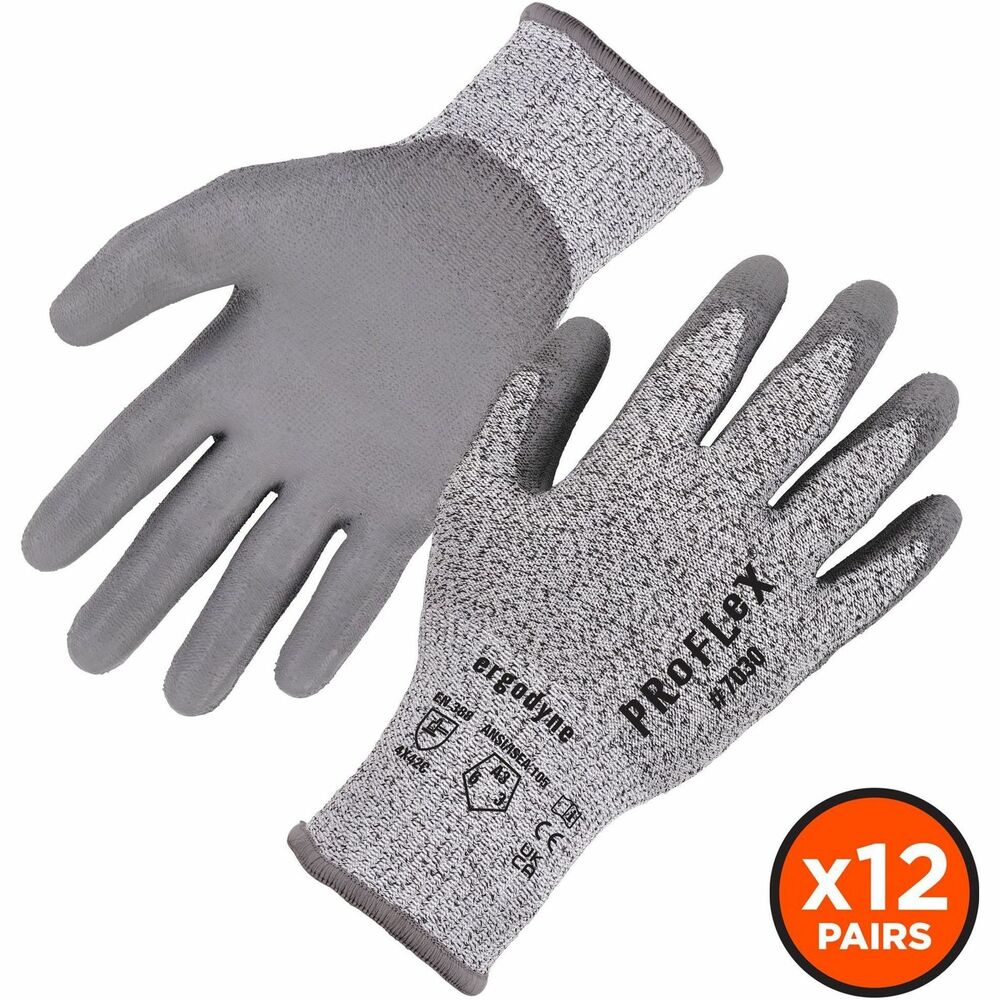 EGO10455 - ProFlex 7030 PU-Coated Cut-Resistant Gloves feature polyurethane-coated palms for excellent grip and dexterity. ANSI/ISEA 105-2016 level A3 cut protection provides safety around sharp materials. Formfitting, 13-gauge, HPPE, nylon-spandex knit protects hands from cuts and knicks without compromising flexibility or comfort. Snug knit cuffs are longer to enhance fit and extend protection, keeping dirt and debris out. Safety gloves are tested to ANSI/ISEA level 6 abrasion-resistance for safety around rough materials. Touch screen-capable fingertips make it easy to type on smartphones and tablets without removing gloves. Utility gloves are ideal for construction, assembly, manufacturing, automotive and more.