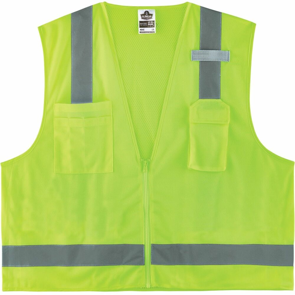 EGO24501 - Hi-Vis Surveyors Vest is a Type R, Class 2 economy vest with a polyester solid front (3.6 oz) and breathable, polyester mesh back (3.3 oz). It meets ANSI/ISEA 107-2015 visibility requirements. 2" reflective tape delivers enhanced, low-light visibility. With two interior and two exterior pockets, this vest provides ample storage for pens, notebooks, tablets and more. Store your phone in the vest's handy, designated phone pocket. Single mic tab allows convenient radio access. Zipper closure provides quick on/off movements. Single size offers a more tailored, performance-style fit. Reflective safety vest is ideal for anyone requiring Type R, Class 2 apparel, including road construction, baggage handling and municipalities.
