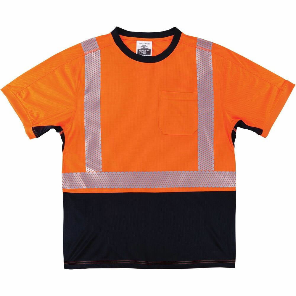 EGO23512 - GloWear 8283BK Lightweight Performance Hi-Vis T-Shirt is a Type R Class 2 shirt designed for enhanced visibility and breathable comfort in the heat. With an extra-soft, jersey-like feel, this 100 percent polyester fabric is Ergodyne's lightest weight, ANSI/ISEA 107-2020 compliant fabric. Reflective safety shirt features a moisture-wicking treatment and underarm vents to keep wearers cool and dry. It is rated to 30+ UPF for protection against the sun's harmful UV rays. Black panel across the bottom hides dirt, grit and dust to keep the shirt looking cleaner longer. Black vented underarm panels hide sweat and improve breathability. 2" reflective tape provides enhanced visibility at night or in low-light conditions. Unlike solid reflective tape, the flexibility of segmented tape allows reflective clothing to feel more comfortable, lightweight and breathable. Machine-washable shirt also features a chest pocket. It fits chests up to 40" in diameter. Center back is 28" long.