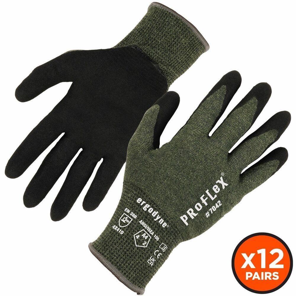 EGO10336 - ProFlex 7042 Nitrile-Coated Cut-Resistant Gloves are made with heavy-duty aramid fiber for heat handling. They are ANSI/ISEA 105-2016 level A4 cut-resistant and level 4 abrasion-resistant. Durable, sandy, nitrile-coated palms provide high-strength grip and enhanced durability. 18-gauge, aramid fiber knit protects hands from heat and cuts while maintaining a soft, lightweight, flexible fit. Snug knit cuffs are longer to enhance fit and extend protection, keeping dirt and debris out. Safety work gloves are tested to EN407 level 1 contact heat-resistance for safety when handling high-temperature materials, withstanding temperatures up to 212 degrees Fahrenheit for up to 15 seconds. Sandy nitrile dip boosts durability while remaining comfortably flexible for enhanced dexterity and minimal hand fatigue. Touch screen-capable fingertips make it easy to type without removing gloves.