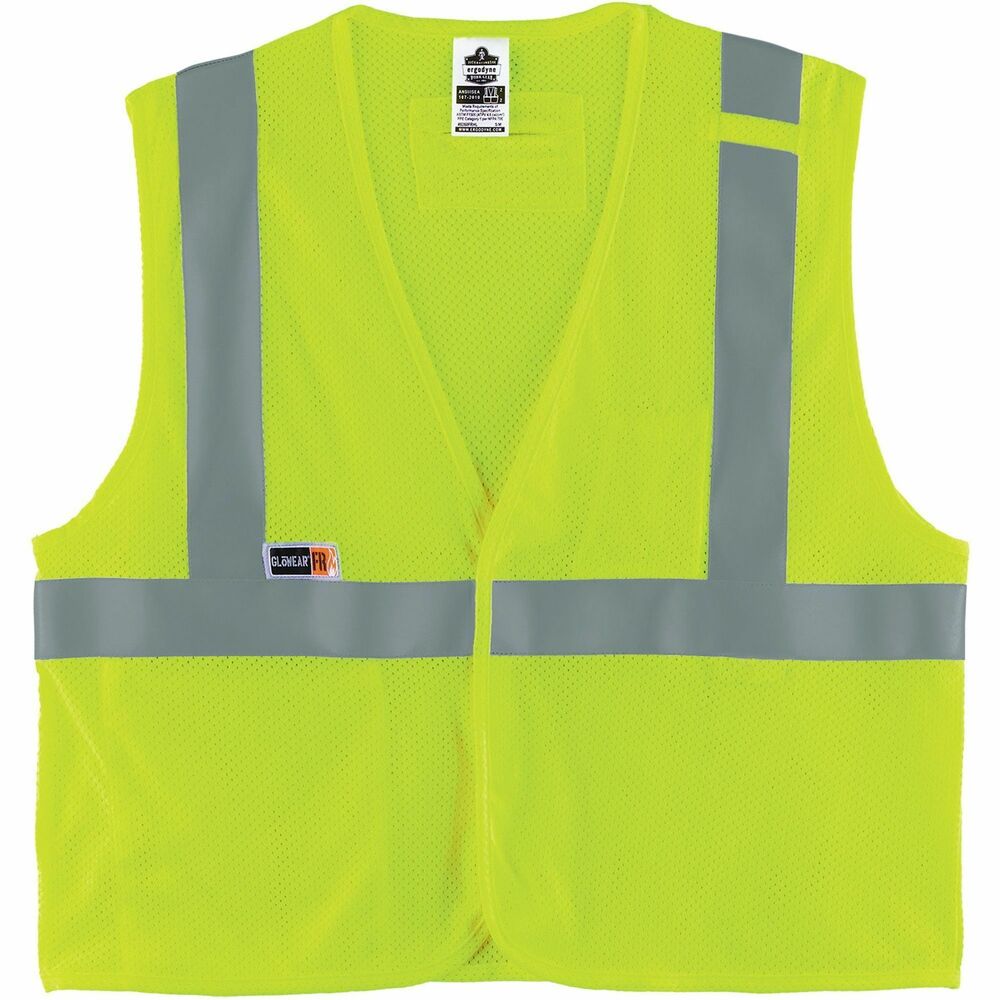 EGO21863 - GloWear 8263FRHL Hi-Vis Flame-Resistant Type R Safety Vest meets ASTM F1506 standards for flame-resistance and complies with ANSI/ISEA 107-2020 Class 2 standards and complies with NFPA 70E CAT 1 regulations. Crafted from a blend of 60 percent modacrylic mesh and 40 percent cotton, this 6.1 oz. mesh vest offers optimal comfort and breathability. Its 2" reflective tape ensures heightened visibility in low-light conditions. Equipped with practical features, including one interior pocket, a dual pen pocket and flame-resistant radio mic tab, this vest caters to your storage needs. D-ring access in back is compatible with fall harnesses. Convenient hook-and-loop closure ensures easy on/off. Machine-washable vest is designed to meet the needs of workers in occupations with electrical arc flash risks. Small/Medium size with a 25-1/2" length fits chests from 36" to 44" in diameter.