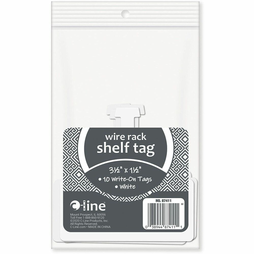 CLI87411 - Wire Shelf Tags let you easily label wire rack shelving for faster, more convenient identification. Instantly attach labels with unique tuck-in loop feature; straps secure to labels by tucking into openings at the tops of each label. Use to organize inventory and identify items on stocked shelves. White label color allows identifiers to stand out more easily. Hand write or use label makers to customize.   