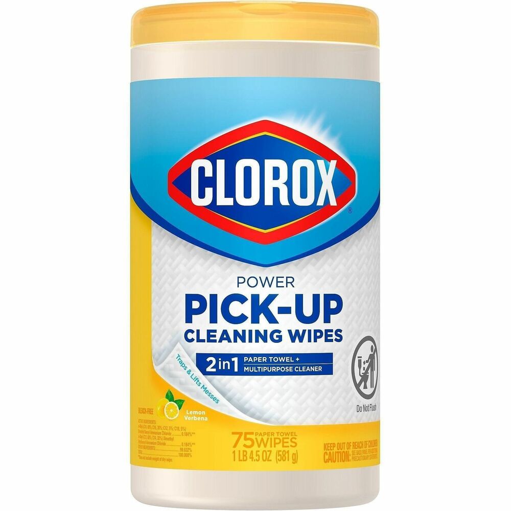 CLO32578 - Clorox Power Pick-Up Cleaning Wipes are your solution for quick mess pickup. These 2-in-1 wipes are a paper towel and multi-surface cleaner combined. They pick up dirt like a paper towel and sanitize like a wipe, killing 99.9 percent of bacteria including Staph and Kleb, when used as directed on hard, nonporous surfaces. Patented technology picks up debris better than Clorox Disinfecting Wipes, trapping dirt and grime for quick mess pickup and leaving behind a pleasant Lemon Verbena scent. This product is safe for use on multiple surfaces, including sealed wood, bathroom porcelain, stainless steel and most kitchen and household surfaces. It is not recommended on unpainted wood and unfinished, unsealed, unpainted or waxed surfaces.