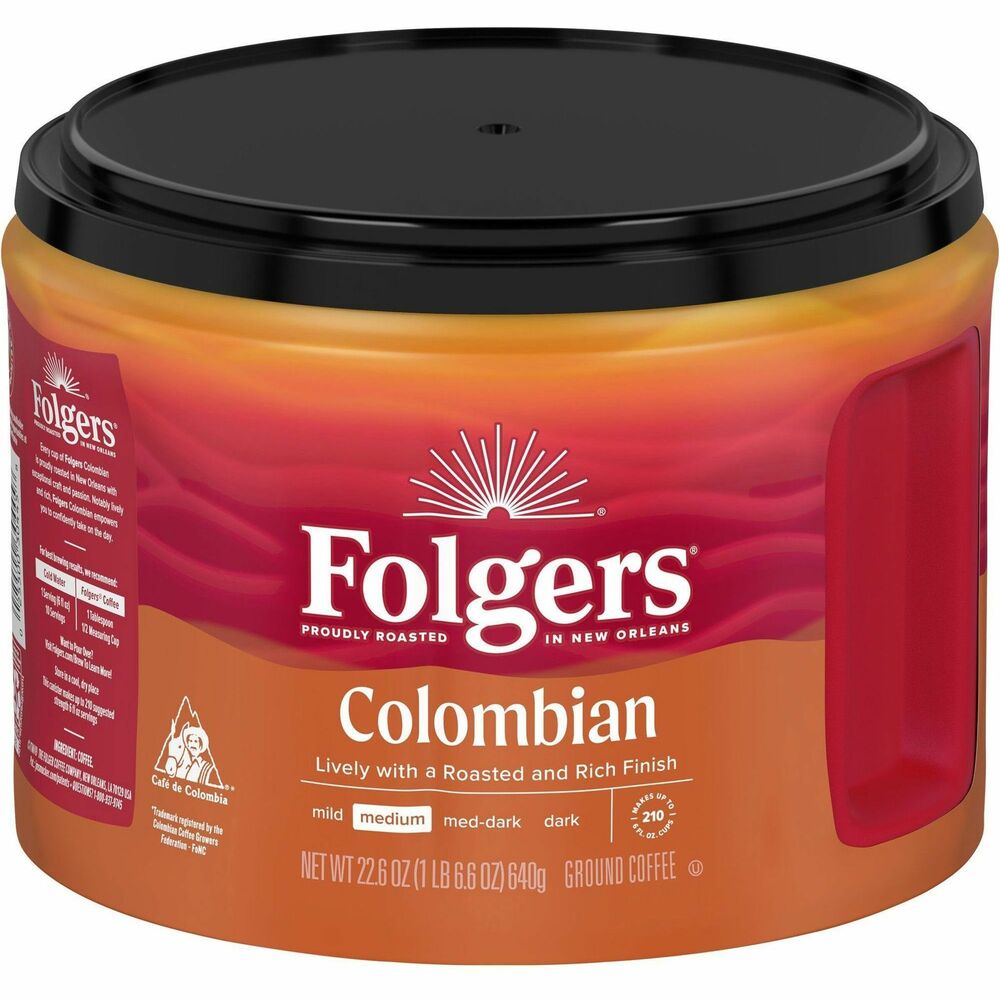 FOL30445 - Folgers Colombian ground coffee packs irresistible taste in every cup. From the very first sip of this medium-roast coffee, you're greeted by a lively flavor with a rich, roasted finish. It's not just quality coffee you're tasting; it's the exceptional craft and passion behind every batch, proudly roasted in New Orleans by Folger's talented team. Ground coffee is ready to prep with any method you throw at it from pour over to automatic drip. Enjoy a cup for yourself or share a pot with your crew, and discover a world of flavor you'll love.