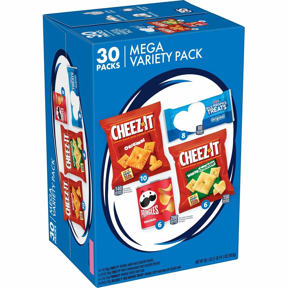 KEB00149 - Make snack time a little easier and a whole lot more fun with Snacks Mega Variety Pack. Choose between four treats: Cheez-It Original Baked Snack Crackers, Cheez-It White Cheddar Baked Snack Crackers, Pringles Original Potato Crisps, and Rice Krispies Treats Original Crispy Marshmallow Squares. All of these delicious snacks arrive conveniently contained in single-serving pouches within one, grab-and-go box.