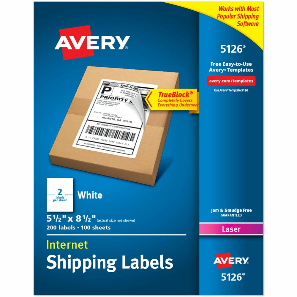 AVE5126 - Print postage directly from your desktop with these shipping labels. TrueBlock technology allows the labels to completely cover everything underneath so you can reuse mailing tubes, boxes and more. Just design your labels, print and apply to the package and ship. Easy to use with USPS Click-N-Ship, Pitney Bowes Shipstream Manager, eBay and Paypal's On-Line Postage and other shipping application software. Perforated label sheet is easy to separate into label and receipt or two labels. Jam-free labels feature permanent adhesive. Compatible with laser printers. Avery offers many easy-to-use templates for Microsoft and other popular software programs. More from the Manufacturer