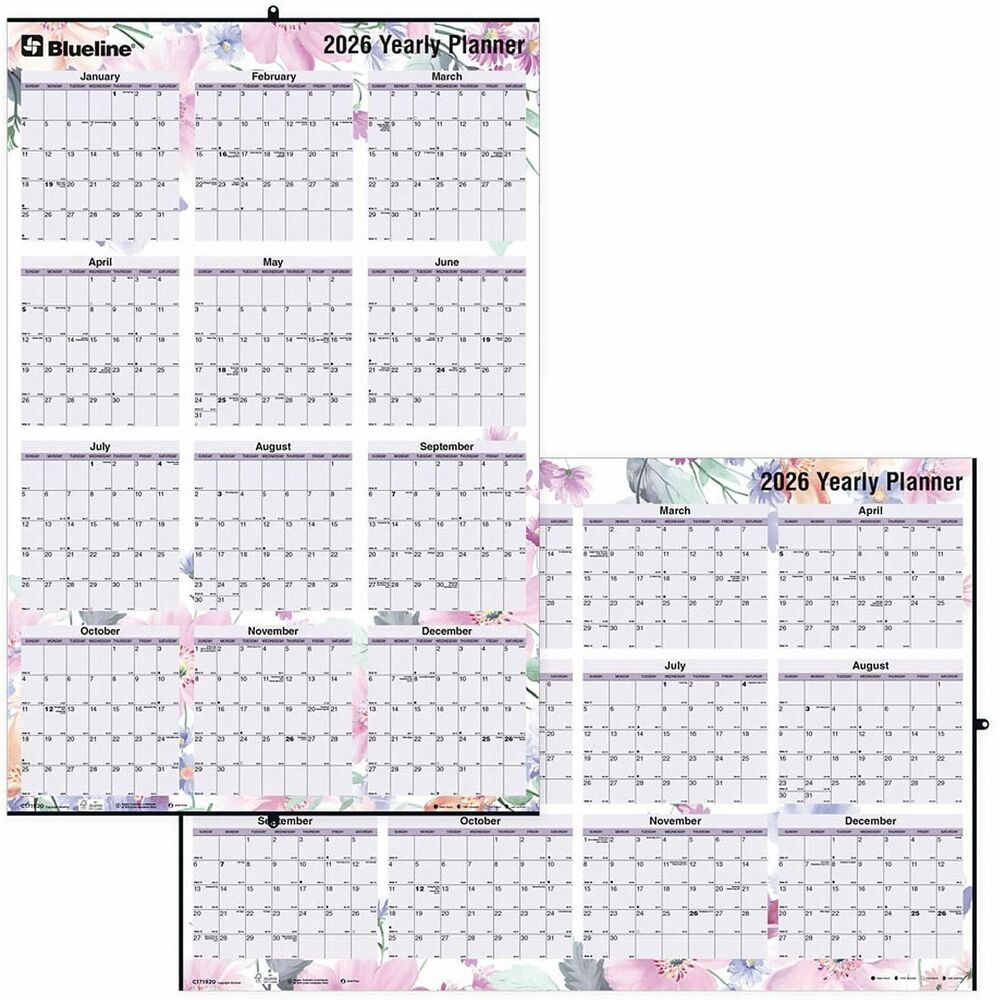 REDC171920 - Yearly Laminated Reversible/Erasable Wall Calendar covers 12 months from January to December with a colorful, tropical design. Yearly horizontal/vertical calendars with daily blocks are printed on both sides for reversible planning. Laminated coating is suitable for use with dry-erase markers. Calendar includes a dry-erase marker. Daily blocks include count of days/days remaining, holidays and phases of the moon. Metal support with eyelet allows easy displaying.