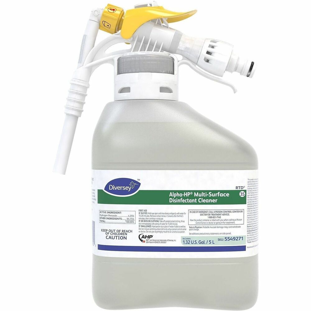 DVO5549271 - All-in-one Alpha-HP Multi-Surface Disinfectant Cleaner cleans and brightens surfaces safely and easily. The active ingredient, Hydrogen Peroxide, breaks down to oxygen and water after use. Use on hard, inanimate, nonporous surfaces such as floors, walls, glazed porcelain and plastic surfaces in hospitals, nursing homes, schools, hotels and more. Bactericidal and virucidal cleaner is great for non-food contact sanitizing. Do not use on brass or copper surfaces. For best results, following dilution instructions.