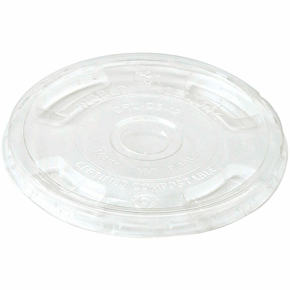WORCPLCS12 - Also available as a pack of 100, SKU: CPL-CS-12-P. World Centric comp-ostable cold cup lids with a straw hole are made from PLA, (polymer made from plants). They are a sustainable alternative to plastic, suitable for cold liquids, and freezer safe. Not microwavable. PLA products should be stored in a cool place below 110° F and out of direct sunlight. These are certified comp-ostable in a commercial facility, which may not exist in your area.
