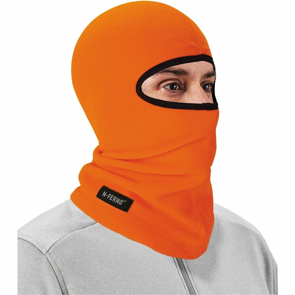 EGO16954 - The N-Ferno Balaclava Face Mask is designed with high-quality, soft, stretchable fleece for warmth when working in the cold. Heat-trapping fleece is warm without being bulky and will fit comfortably under a hard hat or helmet. Soft fleece traps body heat for warmth when working in the cold. High-quality, thermal fleece promotes warmth in mild-to-extreme conditions. Long length adds extra coverage for your head and neck and can be tucked into your jacket to seal out the cold. High-visibility orange color stands out. One size fits most and can be worn alone or under hard hats, ski helmets or other head protection. This face mask is perfect for construction, freight/baggage, drilling/mining, oil/gas refining, iron/steel work, delivery/service, landscaping/grounds, cold storage/warehousing and material handling.