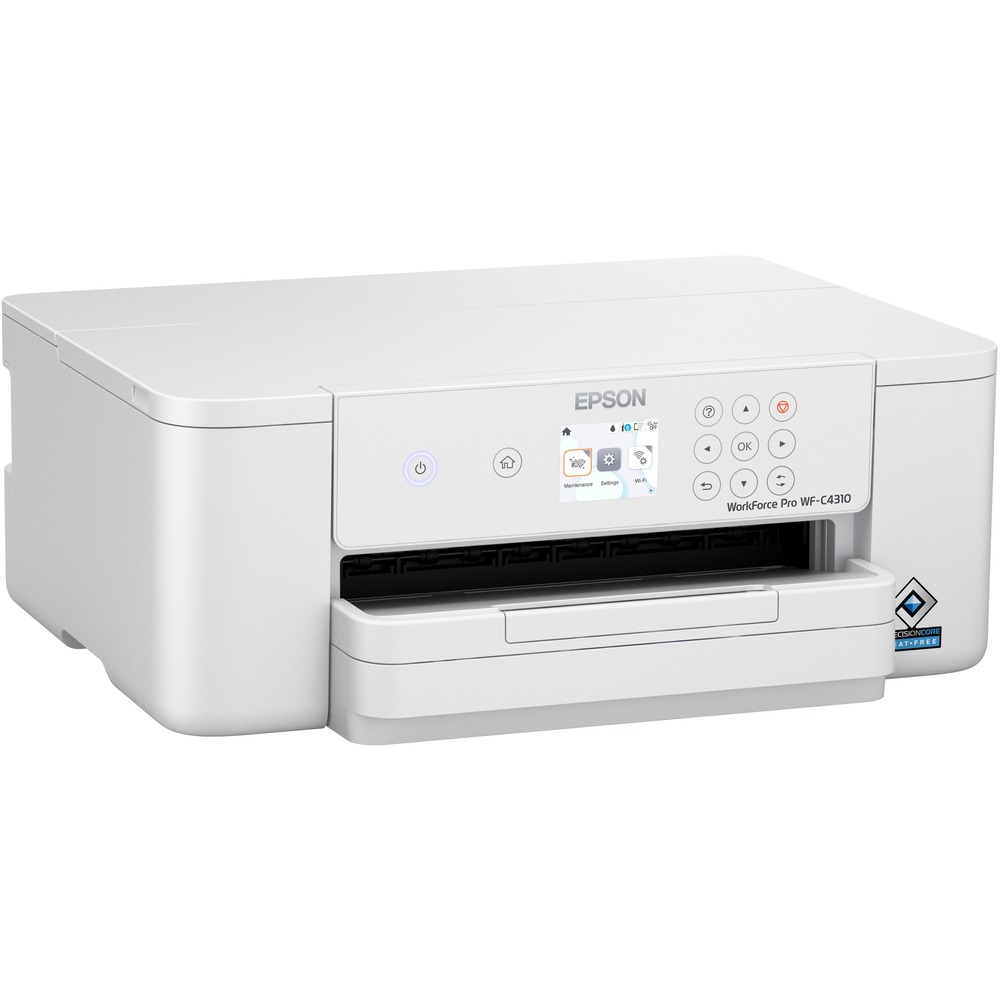 EPSC11CK18201 - Streamline your businesses workflow and increase efficiency with this WorkForce Pro WF-C4310 Color Printer. Reliable design provides exceptional productivity with an impressive, monthly page volume up to 1,600 pages and print speeds up to 21 ppm (black) and 11 ppm (color). Print legal-size documents and borderless, letter-size photos in resolutions up to 4800 x 2400 dpi. Input tray holds up to 250 sheets for optimal use. PrecisionCore Heat-Free Technology uses lower power consumption. Compact construction is ideal for any setting. Vivid, DURABrite Ultra Inks deliver professional-quality prints. Connect using built-in wireless, Wi-Fi Direct, Ethernet or Bluetooth to print from your mobile device. Wireless connectivity supports innovative, WPA3 wireless security. 2.4" color LCD easily navigates and controls options.