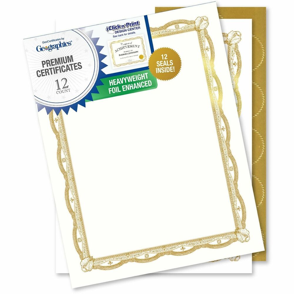 GEO48766 - These Gold Foil Award Certificates feature a sophisticated, gold foil-stamped border printed on 65 lb. cover stock. Professional, unique design is perfect for certificates of recognition, merit awards, special achievements, announcements, promotions, diplomas and more. Create customized, personalized awards on this thick paper. Use inkjet printing for optimum quality. Gold foil matches the included gold seals for a fluid, complementary look.