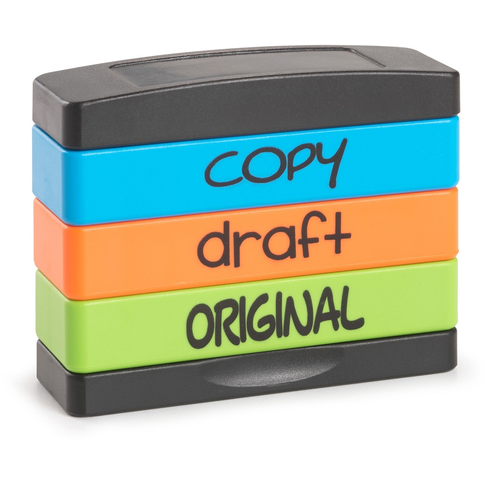 TDT8801 - Colorful, innovative design allows you to store all your stamps in one place. Stamp messages in the set include "COPY," "draft" and "ORIGINAL." All stamps click into the next one to create a unique stack. Simply pull the stack apart to access the impression you need and stamp your paper. Use this popular kit as a starting point or buy individual impressions and create your own. You can add impressions to the stack at any time as your needs change. Make crisp, clean impressions with Stamp-Ever ink molded directly into the die so a separate pad is not required. Impression size is 5/8" x 1-13/16".