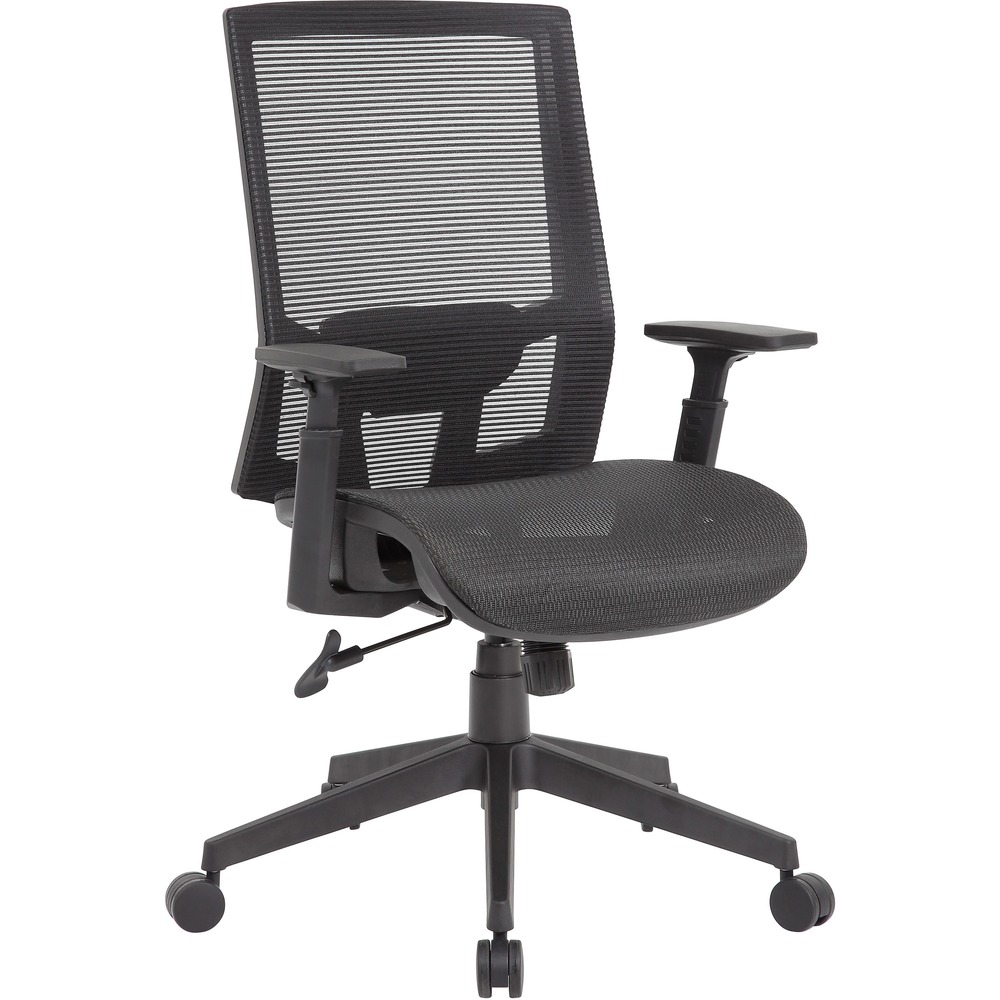 BOPB6044 - Designed with comfort and ease in mind, the Mesh Task Chair features a synchro-tilt mechanism to allow backrest and seat to tilt in unison. Back tilts more than the seat with a two-to-one ratio. Tilt tension knob allows you to adjust tilt tension for optimal support. Chair also features height adjustable arms and pneumatic gas lift to adjust the height. 27" nylon base provides stability while 2" hooded, double-wheel casters enhance mobility. Maximum weight capacity is 275 lb.