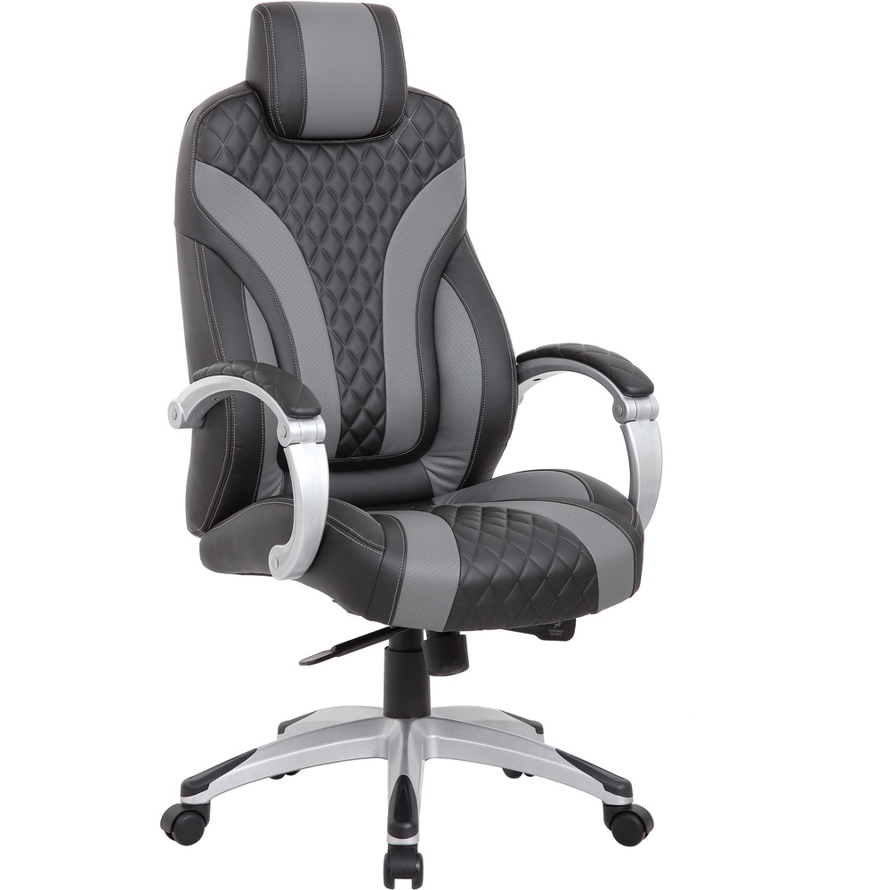 BOPB8871BKGY - Executive Chair with hinged arms is beautifully upholstered in Caressoft for the kind of comfort and durability required for a long day at the office. It features a designer, stitched back cushion and pivoting hinge arms that allow the seat and back to move independently in tandem with the two-to-one synchro-tilt mechanism and adjustable tilt tension control. Seat tilt locks in any position within the tilt range for a truly personalized seating experience.