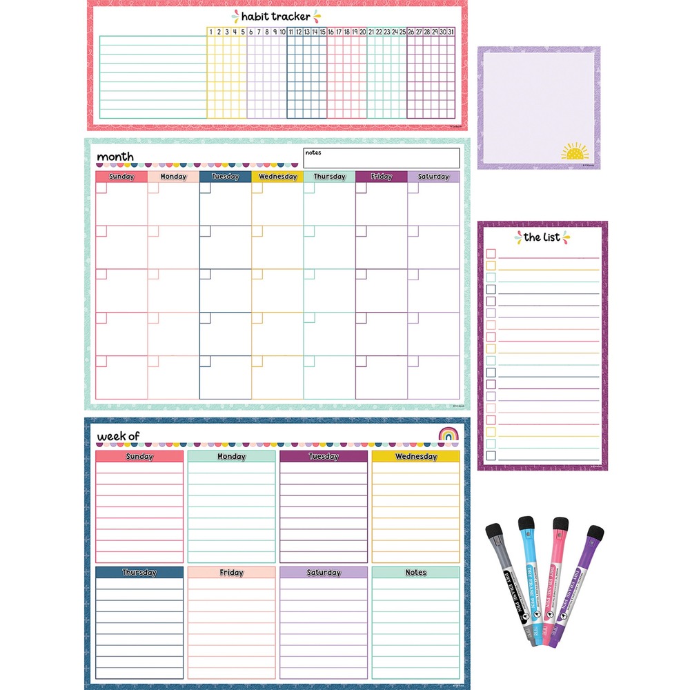 TCR77403 - Keep track of important duties and responsibilities with this Magnetic Task Chart Calendar Set. Organize your busy schedule by filling in the monthly and weekly calendar charts. Use the habit tracker to stay on top of daily routines like exercising and practicing a skill. For notes and reminders, use the list or the square note to keep track of what you need or quickly get your point across. Erase with a soft cloth or paper towel for a clean surface. Set includes monthly calendar, weekly calendar, habit tracker, list board, square note board and four dry-erase markers in black, blue, pink and purple. Attach sets to refrigerators, whiteboards, lockers, metal desks/shelves or metal bookcases.