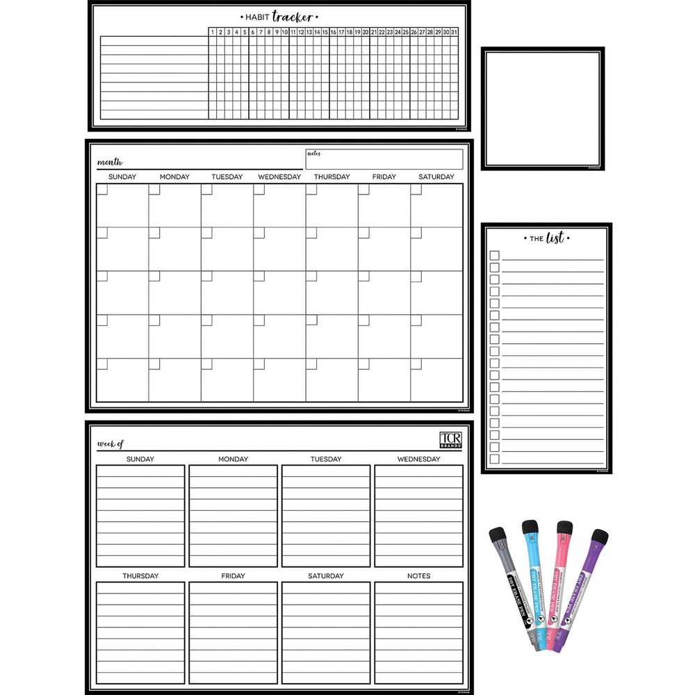 TCR77407 - Keep track of important duties and responsibilities with this Magnetic Task Chart Calendar Set. Organize your busy schedule by filling in the monthly and weekly calendar charts. Use the habit tracker to stay on top of daily routines like exercising and practicing a skill. For notes and reminders, use the list or the square note to keep track of what you need or quickly get your point across. Erase with a soft cloth or paper towel for a clean surface. Set includes monthly calendar, weekly calendar, habit tracker, list board, square note board and four dry-erase markers in black, blue, pink and purple. Attach sets to refrigerators, whiteboards, lockers, metal desks/shelves or metal bookcases.