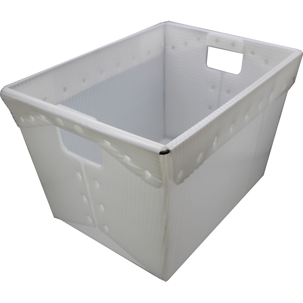 FLP40101 - Storage Postal Totes are great for moving and storing items. Utility totes hold up to 11 gallons of storage. For added strength and rigidity, totes are reinforced with wire rim and are sonically welded at key stress points. Wrapped carrying handles allow easier handling. To keep your items protected, cover using Flipside Storage Postal Tote Lid (not included).