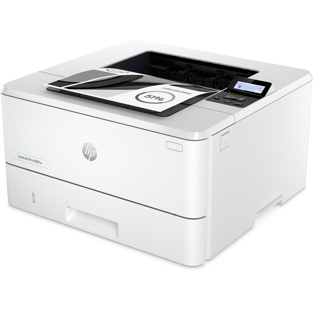 HEW2Z599F - LaserJet Pro 4001n Mono Printer is built for maximum productivity for small teams made up of 10 or less people. Step up your workflow by printing up to 42 ppm in black with a resolution of 1200 x 1200 dpi for fine lines. Print up to 80,000 pages every month. One tray has a handling input of 100 sheets while the other handles 250 sheets. Easily read and select options using two-line, backlit LCD. Shortcuts with HP Smart app simplify printing steps. HP Web Jetadmin allows easy setup from wherever you work. Cloud connectivity gives your IT team visibility. Smart Admin lets you access your printer from a single dashboard. Wolf Pro Security provides preconfigured settings. Optional HP JetAdvantage Security Manager sets policies and validates settings universally. Connect printer using USB 2.0 cord (not included). Printer includes a preinstalled, HP Black Original LaserJet Toner Cartridge.
