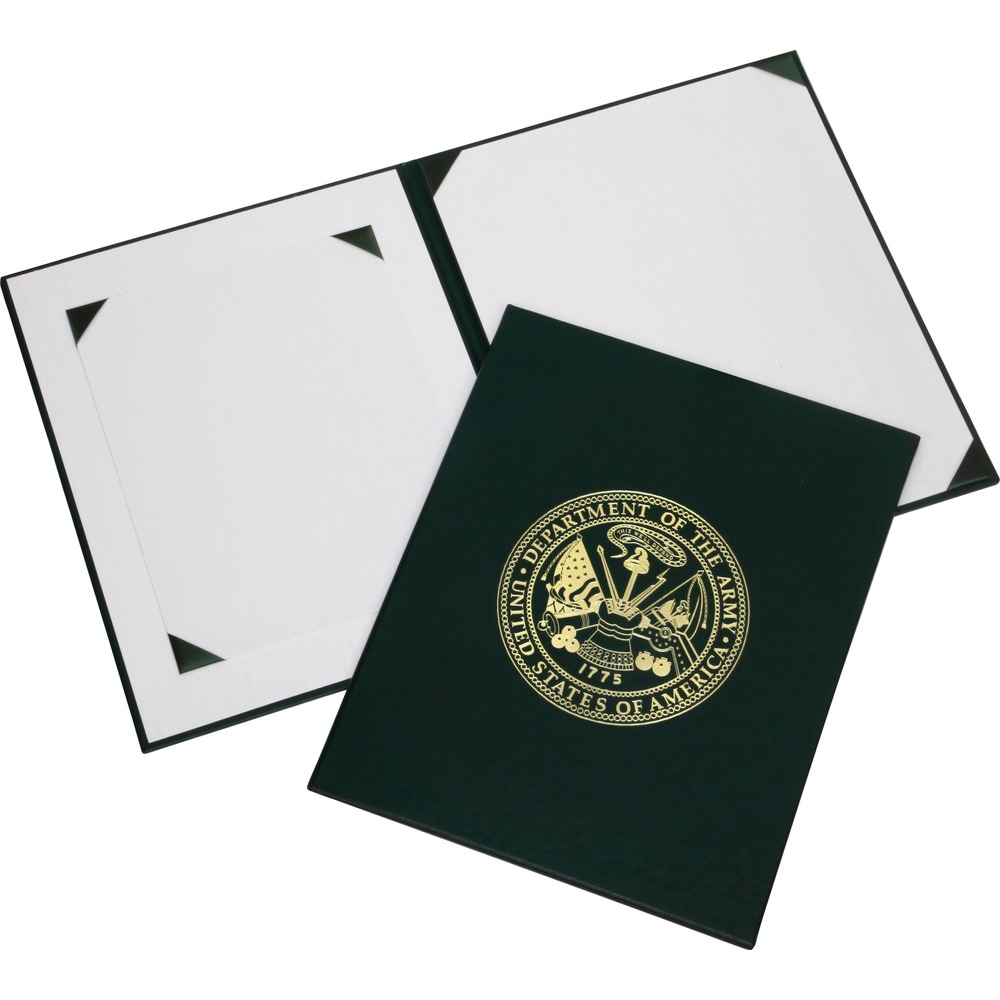 NSN7011805 - Honor worthy recipients with an elegant reward. Impressive presentation binder for award certificates displays a gold U.S. Army seal embossed on the center front cover. Inside green corner ribbons on white silk moray board and transparent protective sheets hold one 8-1/2" x 11" certificate and one 11" x 14" certificate.