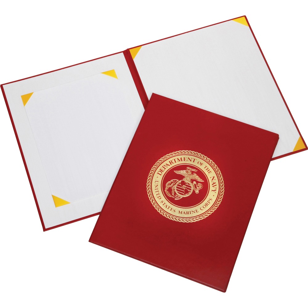 NSN7011809 - Honor worthy recipients with an elegant reward. Impressive presentation binder for award certificates displays a gold USMC seal embossed on the center front cover. Inside gold corner ribbons on white silk moray board and transparent protective sheets hold one 8-1/2" x 11" certificate and one 11" x 14" certificate.