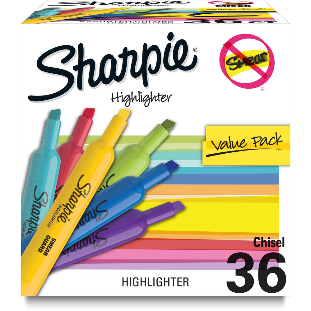 SAN2157487 - Sharpie Highlighters in tank style feature Smear Guard ink technology that is specially formulated to resist smearing of many pen and marker inks. Quick-drying, odorless ink is certified AP nontoxic. Easy-gliding chisel tip delivers a smooth highlighting experience. The chisel tip lets you highlight both wide and narrow lines of text. Bright see-through colors increase information retrieval efficiency so the highlighter is great for highlighting or underlining. Dependable, long-lasting highlighter also offers a long write-life. More from the ManufacturerRebate: $25 Visa Card with $75 Newell Brands Buy View Rebate Details