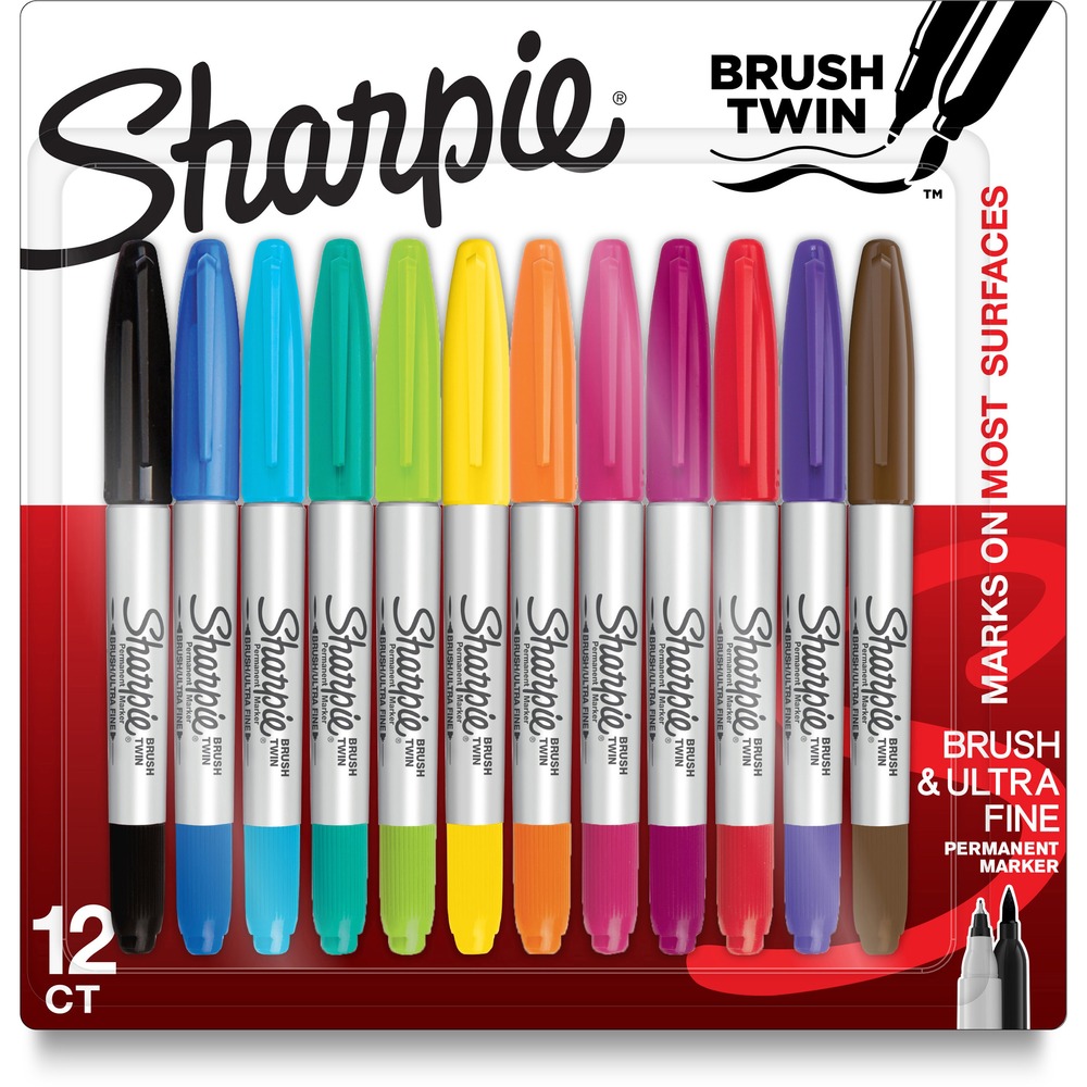 SAN2168237 - From broad strokes to fine details, Brush Twin Permanent Markers do it all. One end features a flexible, brush tip for lines that vary from thick to thin. Other end includes an ultra-fine tip for precise control. Dual-tip markers are perfect for everyday marking, lettering and writing. Markers write on paper, plastic, metal and other surfaces. Intensely brilliant colors create eye-popping, vibrant impressions. Versatile design allows you to transform ordinary surfaces into creative statements.