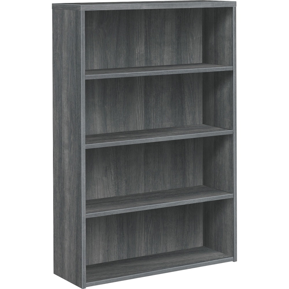 HON105534LS1 - Laminate bookcase is a part of HON 10500 Series Wood Laminate Furniture that complements many other furniture designs. The four shelves are fixed for dependable storage. Scratch-resistant, spill-resistant and wear-resistant, Mahogany laminate is applied to a strong inner-frame construction for trouble-free performance and long life. Bookcase also features a fully finished back, square corner edge detail, and 3/4" thick interior shelves. The bottom shelf, top and end panels are 1-1/8" thick. Inside shelf dimensions are 33-3/4" wide x 12" deep x 13" high. Adjustable hex leveling glides allow the freestanding bookcase to be easily leveled without lifting it. Glides offer a 3/4" adjustable range.