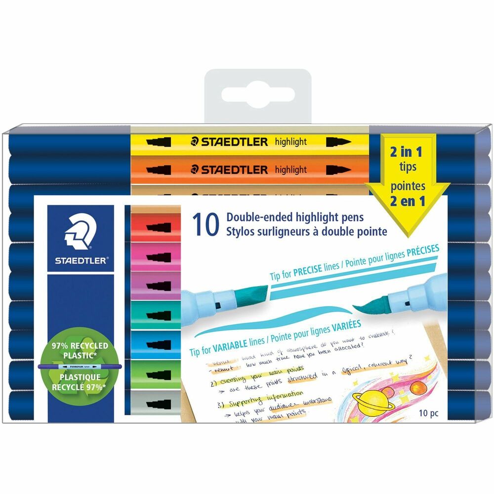 STD3620TB10LU - Double-ended Highlighter Pens create a range of marking widths. Chisel tip provides full coverage and flexibility when highlighting text. Brush tip is ideal for underlining, circling and making notes. Water-based ink offers smooth, effortless and smudge-free highlighting.