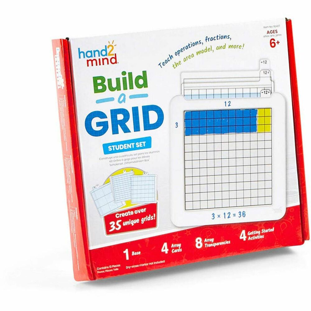 LRNH2M92427 - Math Grid Set teaches a variety of math topics including graphing, operations, fractions and decimals. Set includes eight array transparencies and eight double-sided array cards. Simply lay the transparencies over the cards to build more than 35 unique grids. Write-on/wipe-off surface allows teachers and students to model their problem-solving techniques. Math grid comes with an activity guide for reference.