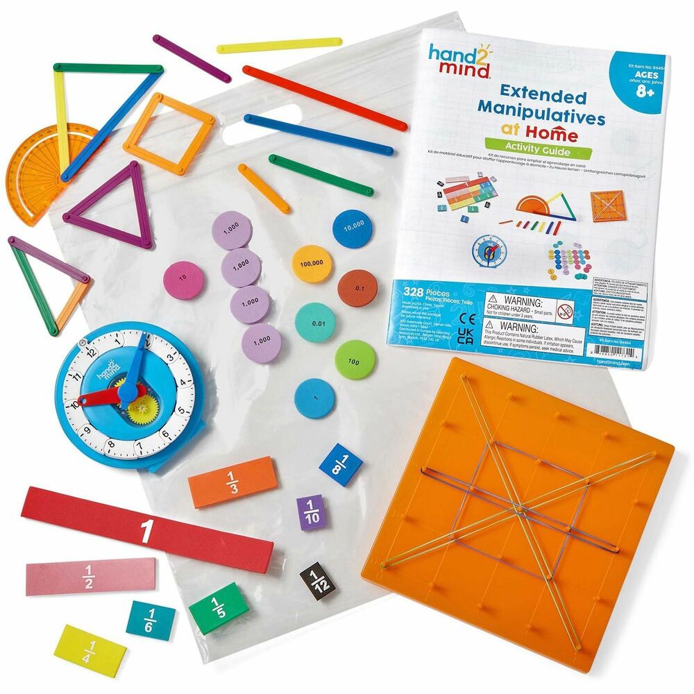 LRNH2M94464 - Extended Manipulative Kit is perfect for at-home student practice. Each kit comes in a resealable bag with an easy-to-follow guide that explains to parents how each manipulative is used. Guide highlights examples for simple understanding. Activities are appropriate for students ages 8 and up. Kit includes six versatile manipulatives: one Advanced Number Line Clock, 72 AngLegs with two snap-on protractors, 200 place value disks, 51 rainbow fraction tiles and a manipulative guide.