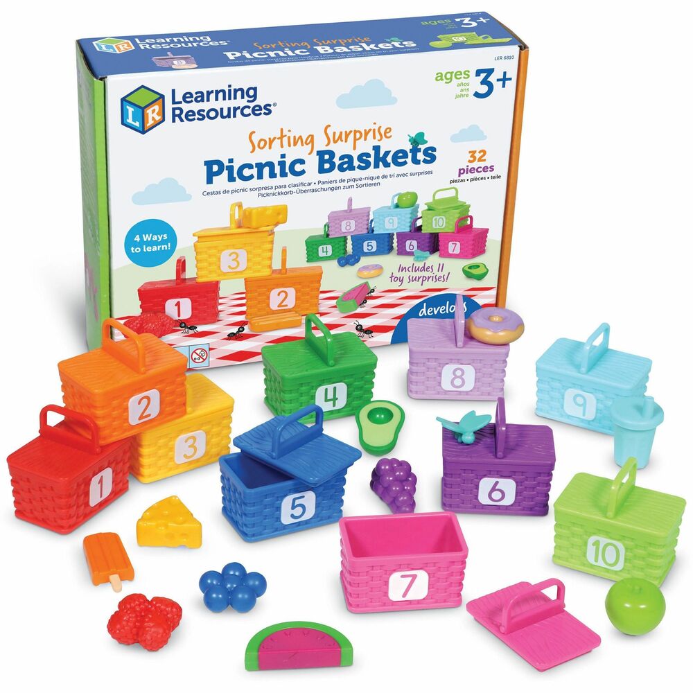 LRNLER6810 - This picnic is packed with counting and color surprises. Sorting Surprise Picnic Baskets Set includes 10 picnic baskets and 10 colorful, food surprises. Cast in a rainbow of vibrant colors, these numbered picnic baskets hide color-coded plastic counters shaped from an avocado to a donut to a bunch of blueberries.