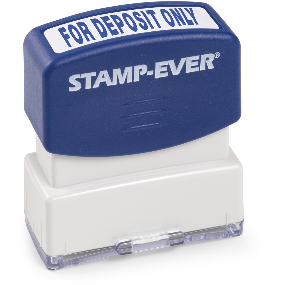 TDT5955 - Pre-inked, one-color stamp imprints the word FOR DEPOSIT ONLY in blue uppercase letters. It is perfect for stamping all kinds of documents including invoices, receipts, faxes, statements, envelopes and more. Flip cover keeps fingers free of ink. Stamp-Ever Message Stamp offers an impression size of 9/16" x 1-11/16". It lasts for thousands of impressions before re-inking with Stamp-Ever ink.