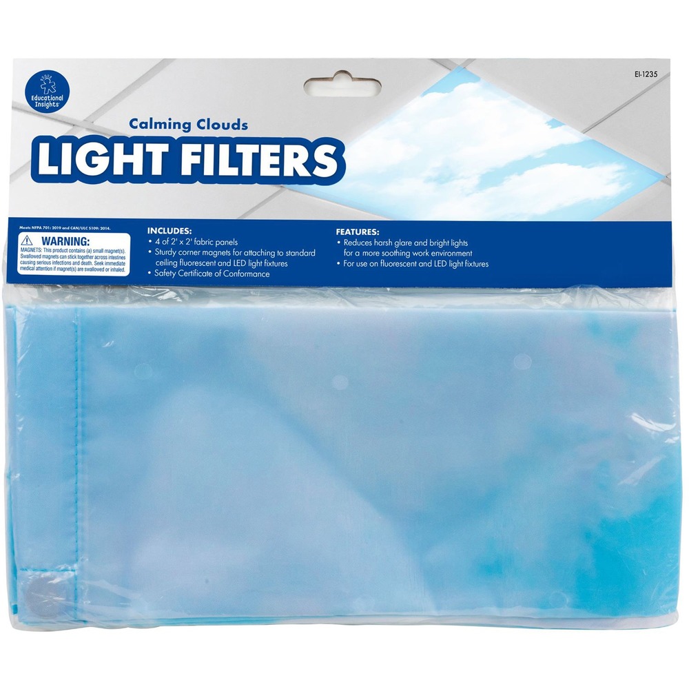 EII1235 - Fluorescent and LED lights are staples in many classrooms and offices, but their harsh glare and flickering light can cause eyestrain, headaches and anxiety. Cover your lights with this fabric panel and create a calm and soothing environment perfect for focusing and concentrating. Light Filter attaches easily over standard ceiling fixtures with six sturdy, sewn-in magnets.